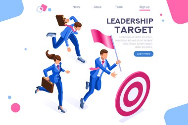 İnsanları yönetmek, ileri ye doğru hedef le. Liderlik, yoluna tırmanma, iş eylemi. Web afiş, infographics, kahraman görüntüleri için kullanabilirsiniz. Beyaz arka planda yalıtılmış düz isometrik vektör çizimi
