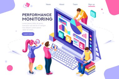 Soyut merdiven sunumu. Toplamayı izleyin. Basit tasarımcı bina monitör grafik performansı. Düz renk simgeleri, yaratıcı çizimler, izometrik infografik görüntüler, web afiş