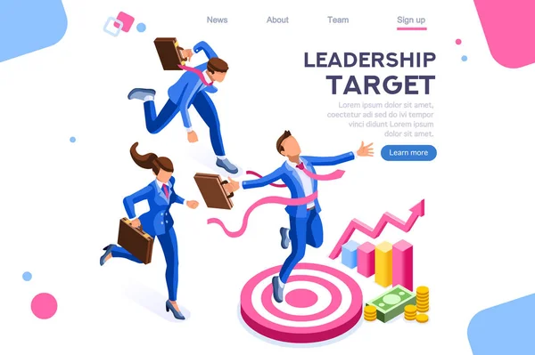 Running People, target vooruit. Leiderschap, klimmen op je weg, job actie. Kan gebruiken voor webbanner, infographics, Hero-afbeeldingen. Platte isometrische vector illustratie geïsoleerd op witte achtergrond — Stockvector