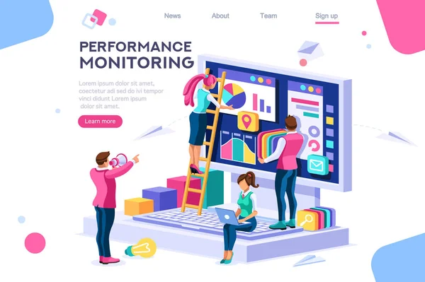 Soyut merdiven sunumu. Toplamayı izleyin. Basit tasarımcı bina monitör grafik performansı. Düz renk simgeleri, yaratıcı çizimler, izometrik infografik görüntüler, web afiş