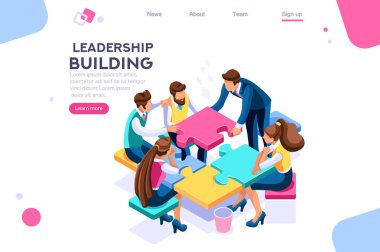 Liderlik birliği. Lider ve iş bulmaca inşaat. Süreç destek kavramı, web afiş, infographics, kahraman görüntüleri için kullanabilirsiniz. Beyaz arka planda yalıtılmış düz isometrik vektör çizimi