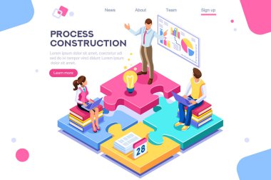 Şirket, ortak şirket. İnsanlar destek, süreç inşaat kavramı itmek. Düz renk simgeleri, yaratıcı çizimler, izometrik infografik görüntüler, web afiş