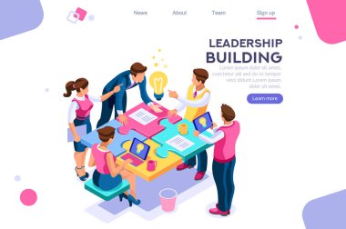 Liderlik birliği. Lider ve iş bulmaca inşaat. Süreç destek kavramı, web afiş, infographics, kahraman görüntüleri için kullanabilirsiniz. Beyaz arka planda yalıtılmış düz isometrik vektör çizimi