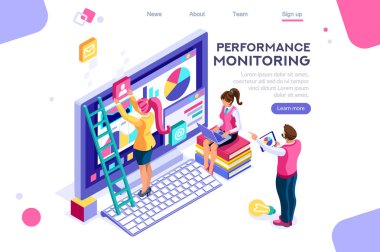 Soyut merdiven sunumu. Toplamayı izleyin. Basit tasarımcı bina monitör grafik performansı. Düz renk simgeleri, yaratıcı çizimler, izometrik infografik görüntüler, web afiş