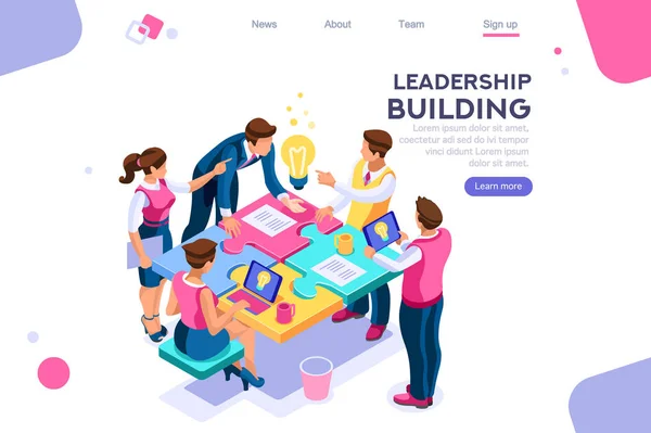 Leadership unity. Leader and business puzzle construction. Process support concept, can use for web banner, infographics, hero images. Flat isometric vector illustration isolated on white background — Stock Vector