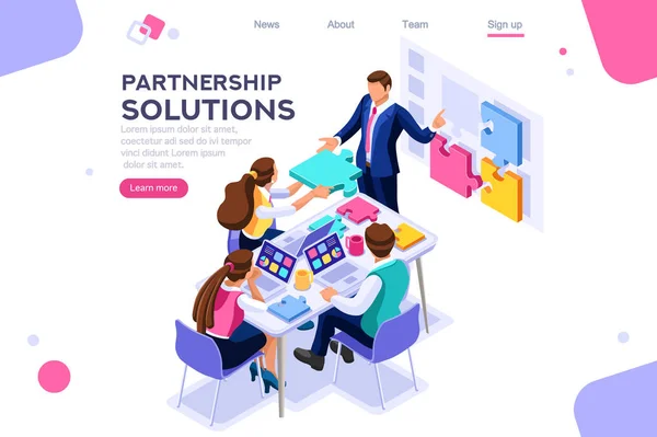 Pezzi di progetto, comunicazione, collaborazione, soluzione di partnership. Insieme immagini, concetto di lavoro di squadra. Può essere utilizzato per banner web, infografiche, immagini di eroi. Illustrazione vettoriale isometrica piatta . — Vettoriale Stock