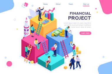 İletişim, ekonomi projesi, para yatırım kartı. Takım çalışması asistanı kavramı. Etkileşen insanlar. 3d isometrik vektör çizimi.