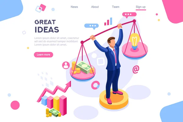 Money idea compare layout. Hold conceptual bulb on gold balance concept, can use for web banner, infographics, hero images. Flat isometric vector illustrations isolated on white background — Stock Vector