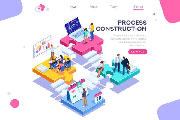 Corporate, joint company. People push support, process construction concept. Flat color icons, creative illustrations, isometric infographic images, web banner — Stock Vector