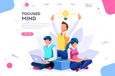 Arama fikirleri, konsantrasyon kavramı. Meditasyon, sağlık kavramı, web afiş, infographics, kahraman görüntüleri için kullanabilirsiniz. Beyaz arka planda yalıtılmış düz isometrik vektör çizimi