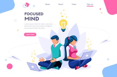 Arama fikirleri, konsantrasyon kavramı. Meditasyon, sağlık kavramı, web afiş, infographics, kahraman görüntüleri için kullanabilirsiniz. Beyaz arka planda yalıtılmış düz isometrik vektör çizimi
