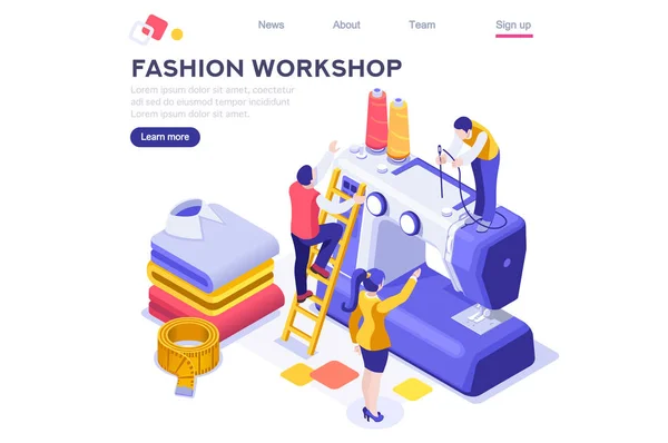 Workshop of Machine for Professional Fashion Hobby. Working Assistant Design Outfit, Cartoon Apparel. Business Create Creative Textile. Craft Material Concept Flat Vector Illustration Isometric Banner — Διανυσματικό Αρχείο