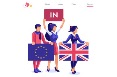Uk konsepti Birleşik Krallık bayrağı. Siyasi geleneksel hükümet, Avrupa Karşıtı Birlik 'e oy veriyor. Politik vatansever uluslararası destekçileri sallıyor. İnsanlar ayrı bayrakları destekliyor. Çizgi film kelimesi