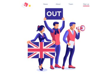 Uk konsepti Birleşik Krallık bayrağı. Siyasi geleneksel hükümet, Avrupa Karşıtı Birlik 'e oy veriyor. Politik vatansever uluslararası destekçileri sallıyor. İnsanlar ayrı bayrakları destekliyor. Çizgi film kelimesi