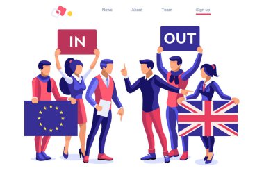 Uk konsepti Birleşik Krallık bayrağı. Siyasi geleneksel hükümet, Avrupa Karşıtı Birlik 'e oy veriyor. Politik vatansever uluslararası destekçileri sallıyor. İnsanlar ayrı bayrakları destekliyor. Çizgi film kelimesi