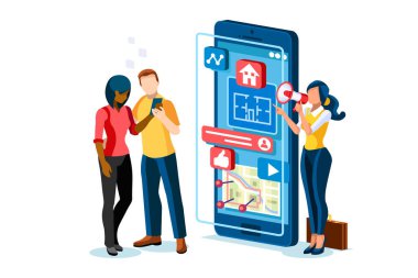 Yatırım için ipotek, karakterler ve emlak, satın almak için emlak kredisi. Kira, ipotek ya da kira yatırımı için karakter ve temsilci. Emlakçı kredi alıyor, insanların malı. Vektör.