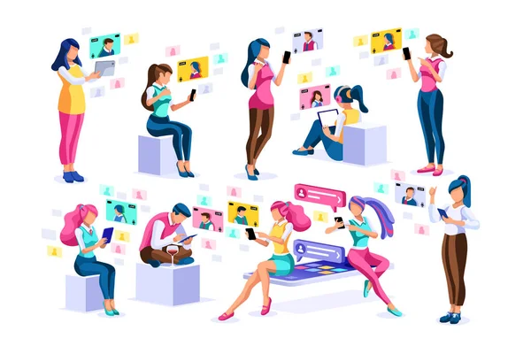 Social Media Young Girls Chatting Female Smartphones Talking Video Social — Stock Vector