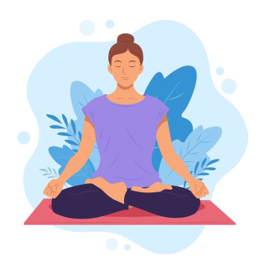 Kadınlar rahatlamak ve egzersiz yapmak için yoga poziyonları veriyorlar. Bu sağlığa iyi geliyor. Vektör illüstrasyonu