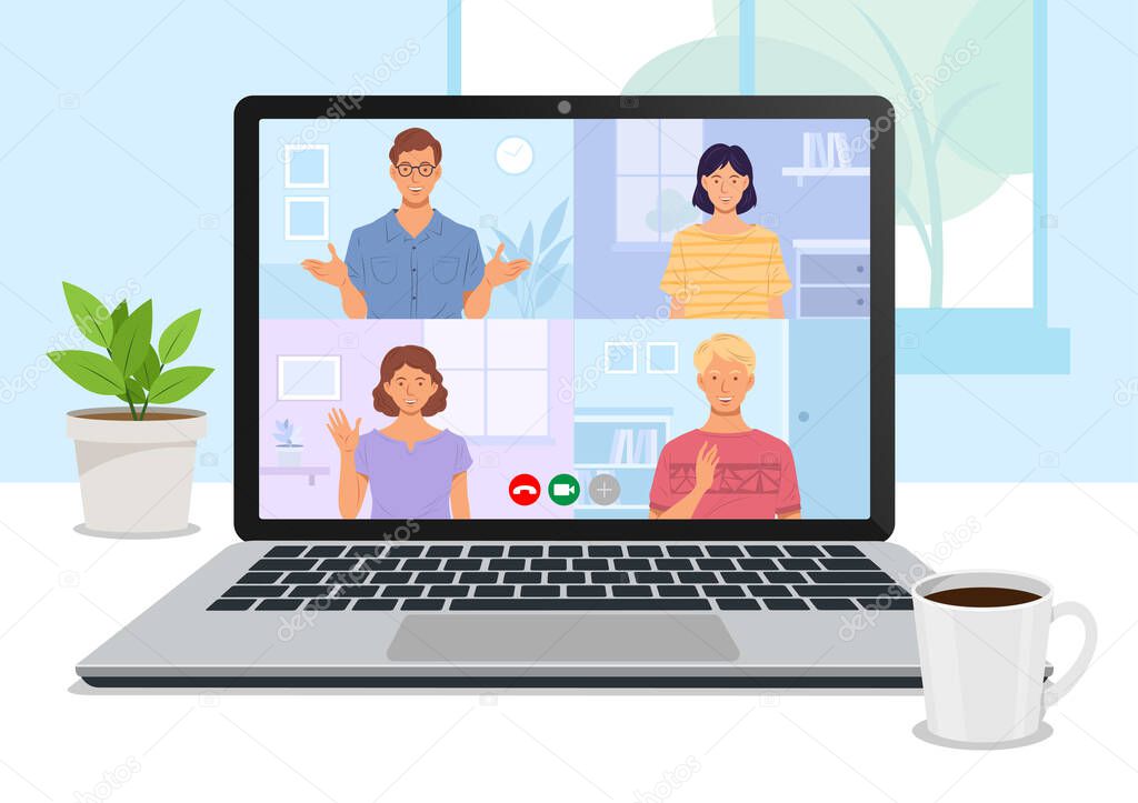 Group of friends meet and chat over video Conference using a laptop. Vector illustration