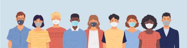 Kendilerini virüslerden, havadan ve zehirli ortamlardan korumak için tıbbi maske takan bir grup insan. Vektör illüstrasyonu