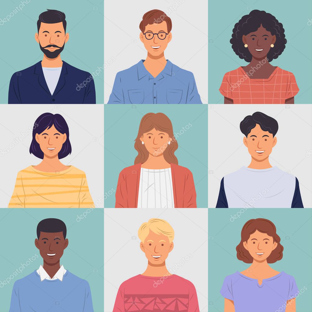 People portrait set. Men and women Smiling on isolated color background. Vector illustration
