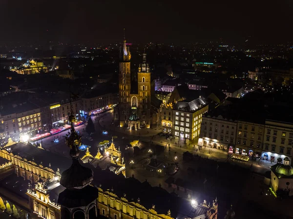 Cracow Rynek Glowny Clock Tower Night Aerial Sukiennice Mariacki Church — Stock Photo, Image