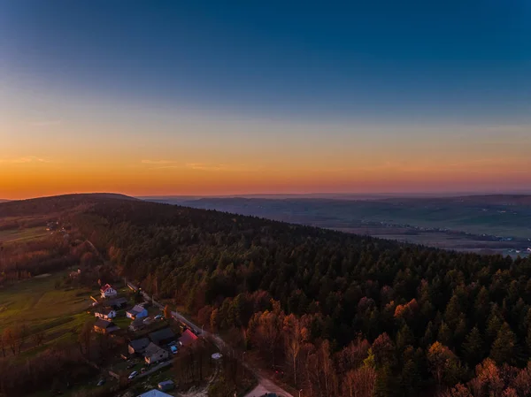 Mountain forest, aerial photography sunset