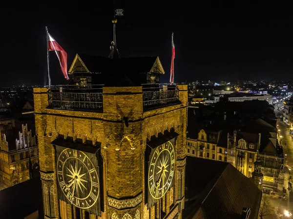 Торунь Польша Центр Города Католическая Ратуша Часы Ночная Аэрофотосъемка 20Mp3 Лицензионные Стоковые Фото