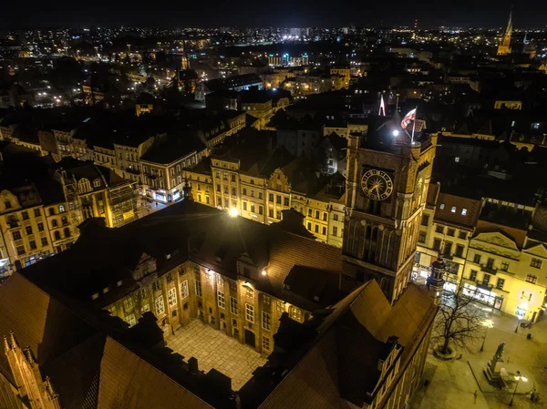 Торунь Польша Центр Города Католическая Ратуша Часы Ночная Аэрофотосъемка 20Mp3 Стоковое Изображение