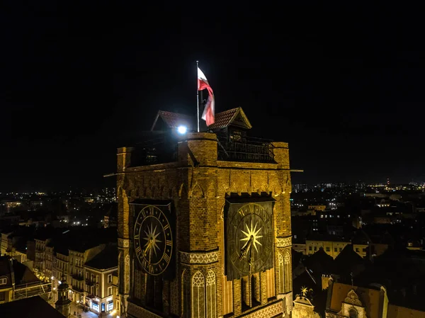 Торунь Польша Центр Города Католическая Ратуша Часы Ночная Аэрофотосъемка 20Mp3 Стоковое Фото