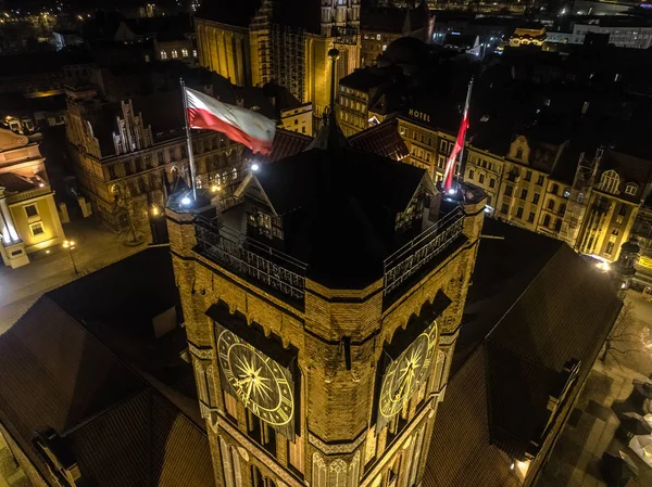 Торунь Польша Центр Города Католическая Ратуша Часы Ночная Аэрофотосъемка 20Mp3 Стоковое Изображение