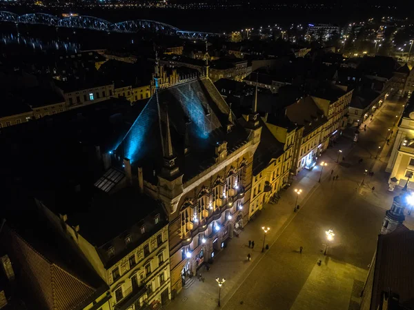 Торунь Польша Центр Города Католическая Ратуша Часы Ночная Аэрофотосъемка 20Mp3 Стоковое Фото