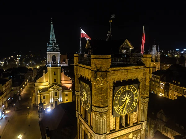 Торунь Польша Центр Города Католическая Ратуша Часы Ночная Аэрофотосъемка 20Mp3 Стоковая Картинка