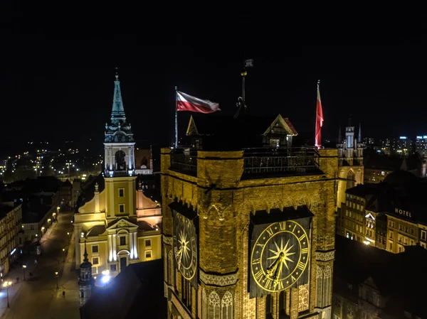 Торунь Польша Центр Города Католическая Ратуша Часы Ночная Аэрофотосъемка 20Mp3 Лицензионные Стоковые Изображения