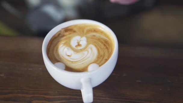 酒保的手 用棍子在白杯卡布奇诺 制作美味的早晨卡布奇诺咖啡的过程 — 图库视频影像
