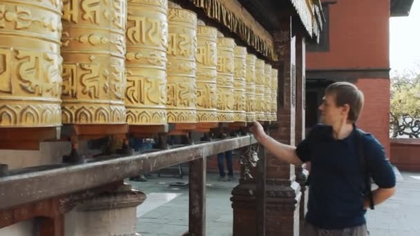 Buddhist Prayer Drums Close Mantras Female Hand Touches Buddhist Prayer — Stock Video