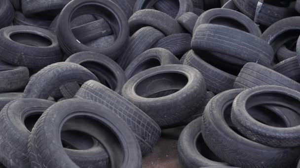Gran pila de ruedas usadas de coche negro en el territorio vacío — Vídeo de stock