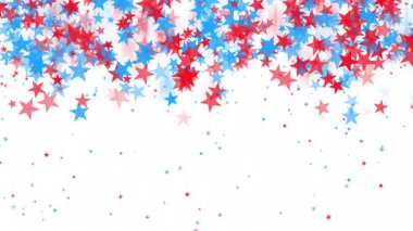 Parlayan kırmızı ve mavi yıldız şekillerinin beyaz arkaplana dağıldığı dinamik ve soyut bir sahne. Kopya alanı ile Amerikan şenlik döngüsü animasyonu.