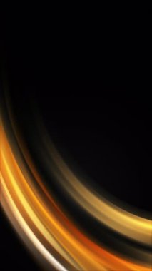 Siyah zemin üzerinde eğri altın çizgiler, enerji ve hareket efekti. Kopyalama alanı olan canlandırılmış çerçeve. Dikey video.