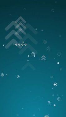 Geometrik deniz mavisi teknolojisi arka planında yukarı doğru işaretler, oklar ve daireler var. Döngü hareketi grafiği. Dikey video.