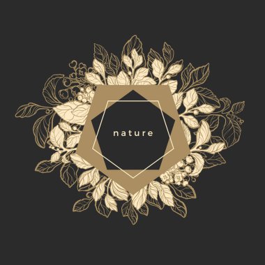 Tek renkli tasarım organik ürün sembolü doğa kartı dostum Şubesi yaprak, berry, çiçek modaya uygun çerçeve ile kroki ile modern şablonuyla geometrik pentagon vektör çiçek çizim Art deco