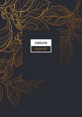 Modaya uygun şablon degrade doğa çerçeve /. Sanat çizgi stili. Çiçek bahçe buket siyah kart mate çay Şubesi berry, yaprak, çiçek organik yazdırma altın vektör yaz etiketi Retro tasarımı kopya alanı 