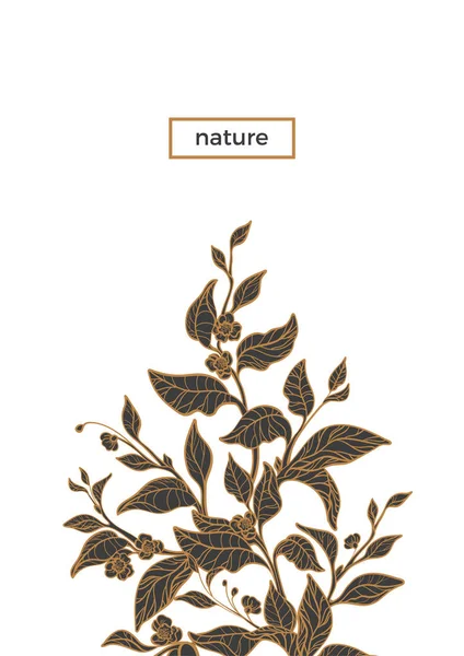 有叶子和花朵的现实树枝的花花束向量绽放例证在白色背景植物图画剪影茶灌木有机饮料生态卡葡萄酒自然艺术线设计 — 图库矢量图片