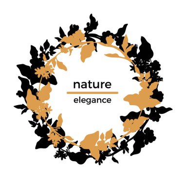 Güzel çiçek altın çelengi vektör sanat çizim. Şablon / yaprak, fasulye, çiçek ile kahve ağacı dalı. Doğa daire şekli antika çerçevede. Kraliyet Eko kartı için afiş, poster. Tropic sembolü 