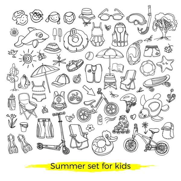 Doodle Set Mit Sport Und Schwimmartikeln Für Kinder Vektorsymbole Illustration — Stockvektor