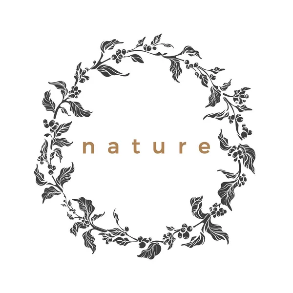 咖啡树花环的矢量艺术插图 花卉模板的形状分支与叶 自然黑古董框架在圈子 圆形生态卡横幅 热带复古符号 — 图库矢量图片