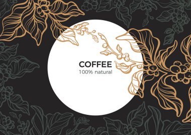 Vector template of art line coffee branch with leaf, natural bean. Sketch vintage style. Night, moon, garden. Graphic food, organic drink. Retro illustration for cafe, menu, packing, floral background clipart