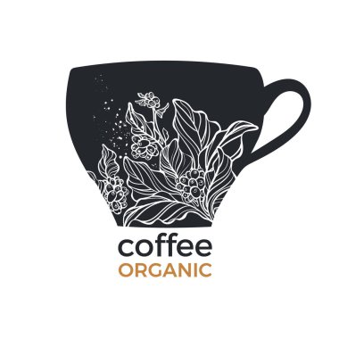 Kahve fincanı, şube, fasulye, siyah şeklinde şablonuyla vektör yaprak beyaz arka plan üzerinde. Sembol çiçek gerçekçi doğa sanat hat logosu. Oyma kroki tasarımı. Organik etiket yemek kartı taze sıcak içecek