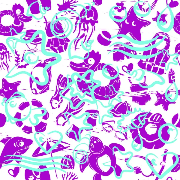 Vector Seamless Pattern Summer Elements Children Swimming Pop Art Sketch — Stock Vector