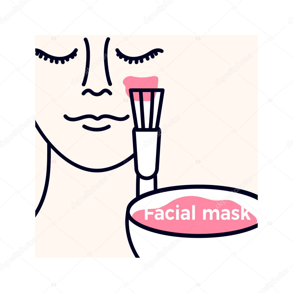 Cosmetology template on nude background. Medical or beauty treatment for skin care, rejuvenation Vector graphic illustration. Face, mask, brush. Symbol of woman beauty Design of dermatology procedure